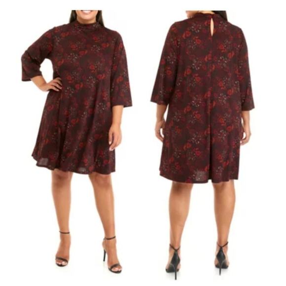 Robbie Bee Women's Plus Mock Neck Paisley Print A-Line Midi Dress Wine Mustard - Picture 1 of 9